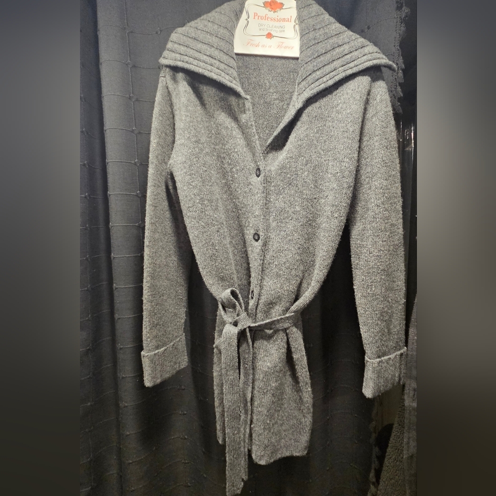Relativity 100% Lambswool Grey Belted Longline Cardigan Sweater Size M - Picture 4 of 9